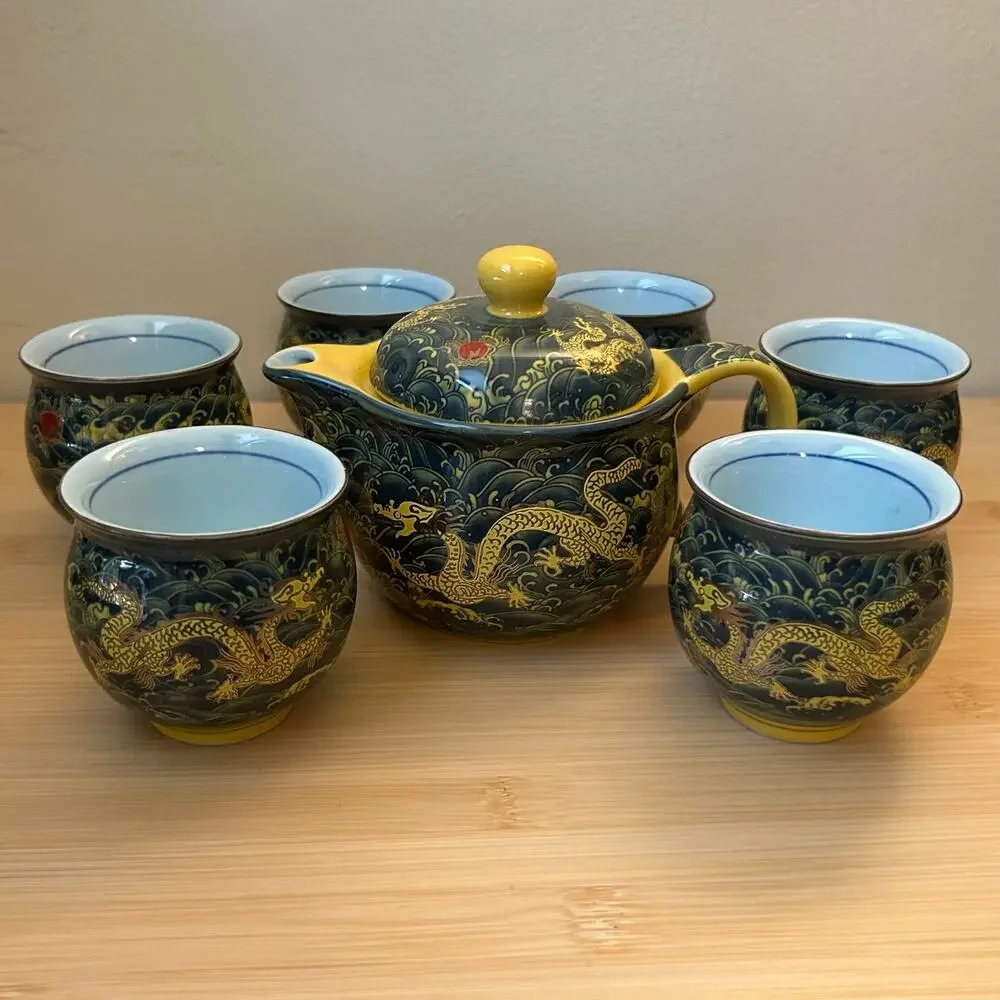 7 pc. Chinese Gongfu Tea Set Dragon Porcelain Ceramic Cup Kung Fu Blue Yellow
